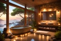 image features a rustic wood and stone bathroom balcony with a luxurious tub