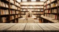 Wooden table mockup with blurred bookstore background Royalty Free Stock Photo