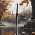 Samurai Sword in Autumnal Forest Royalty Free Stock Photo