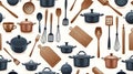 Seamless kitchen utensil pattern with cookware, cutting boards and tools on light background Royalty Free Stock Photo