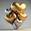 Bunch of gold color heart shaped foil balloons  on white background. Valentine's Day party decoration Royalty Free Stock Photo