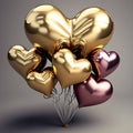 Bunch of gold color heart shaped foil balloons  on white background. Valentine's Day party decoration Royalty Free Stock Photo