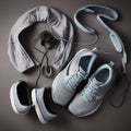 set of running gear shoes, headphones, fitness tracker