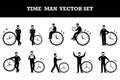 Cartoon time management vector illustration set with bearded man interacting with clocks in various poses and actions Royalty Free Stock Photo