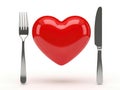 Heart shaped object between fork and knife isolated on white background Royalty Free Stock Photo