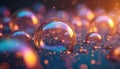 Image features shiny transparent bubbles. Spheres reflect light creating colorful refractions. Abstract design showcases vibrant Royalty Free Stock Photo