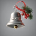 Festive Silver Bell with Red Ribbon, Pine Sprig, and Christmas Ornaments Isolated Royalty Free Stock Photo