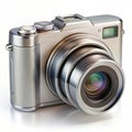 Silver Point and Shoot Digital Camera with Detailed Lens and Controls on White Background Royalty Free Stock Photo