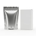 Silver foil pouch and white box isolated on white background isolated on white background Royalty Free Stock Photo