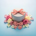 Silver gift box with pink bow and roses Royalty Free Stock Photo