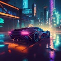 Futuristic Car Speeding Through a Neon-Lit City