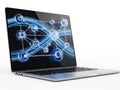 Modern laptop with network diagram isolated on white background Royalty Free Stock Photo