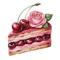 The image features a slice of cake garnished with cherries and a pink rose Royalty Free Stock Photo