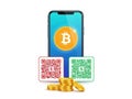 Smartphone with bitcoin symbol and qr codes isolated on white background Royalty Free Stock Photo