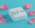 The image features a solitaire diamond ring placed in a white box, accompanied by pink petals, all generated by AI Royalty Free Stock Photo