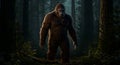 Mysterious bigfoot sighting in deep forest primeval wilderness exploration Royalty Free Stock Photo