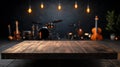 Spacious Wooden Table for Text with Blurred Musical Instruments Background Royalty Free Stock Photo