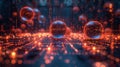 The image features spherical objects arranged on a neon grid