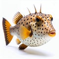 Spotted pufferfish with vibrant fins and unique skin pattern, showcasing detail on white background Royalty Free Stock Photo
