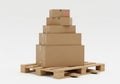 Stack of cardboard boxes on pallet isolated on white background Royalty Free Stock Photo