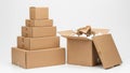 Stack of cardboard boxes, one open with crumpled paper inside, isolated on white background Royalty Free Stock Photo
