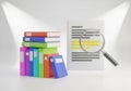 Stack of colorful binders and magnifying glass on paper, isolated on white background Royalty Free Stock Photo