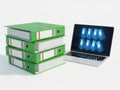 Stack of green binders and laptop with digital binders icon, isolated on white background Royalty Free Stock Photo