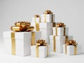 Stack of gift boxes with golden ribbons isolated on white background Royalty Free Stock Photo