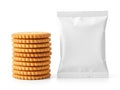 Stack of crackers and snack bag isolated on white background Royalty Free Stock Photo