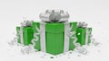 Stack of green gift boxes with silver ribbons isolated on white background Royalty Free Stock Photo