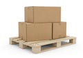 Stack of cardboard boxes on wooden pallet isolated on white background Royalty Free Stock Photo