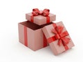 Stack of pink gift boxes with red bows isolated on white background Royalty Free Stock Photo