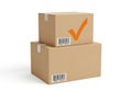 Stack of two cardboard boxes with barcodes and check mark, isolated on white background Royalty Free Stock Photo
