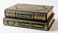 Stack of classic books, \'tales of elegance\' and \'the golden compendium\' isolated on white background Royalty Free Stock Photo