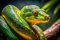 Emerald Green Tree Python Coiled on a Branch with Yellow Markings snake reptile Royalty Free Stock Photo