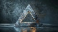 Illuminated Triangle Artifact on Reflective Surface with Dark Textured Background and Rust Detail