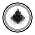 Stylized Cityscape on a Microchip with Circuit Traces Inside a Circle technology urban Royalty Free Stock Photo