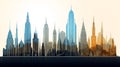 This image features a stylized city skyline silhouette with varied building shapes.