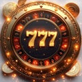 Image features a stylized roulette wheel theme with a central gold 77 in a red circle, surrounded by golden coins and Royalty Free Stock Photo