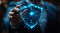 The image features a suited businessman touching a digital shield, symbolizing the importance of online protection, cybersecurity Royalty Free Stock Photo