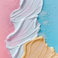 The image features swirls of creamy texture in pastel pinks, blues and beiges, embellished with granules for aesthetic