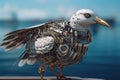 Robotic Seagull Overlooking Coastal Landscape (generative AI)