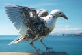 Robotic Seagull Overlooking Coastal Landscape (generative AI)
