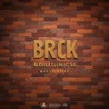 The image features a textured red brick wall with a stylized design. The word \