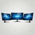Three computer monitors displaying blue graphics, isolated on white background isolated on white background Royalty Free Stock Photo