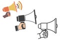 Colorful and monochrome illustration of hands holding megaphones for announcements and communication concepts Royalty Free Stock Photo