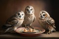 Three owls sitting on a plate with food on a brown background