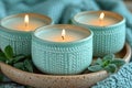 Scented Candles in Teal Ceramic Holders on Tray Royalty Free Stock Photo