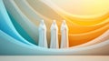 Three abstract figures stand against a backdrop of flowing blue and orange waves, AI