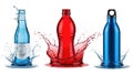Three colorful bottles creating a dynamic splash effect isolated on white background Royalty Free Stock Photo